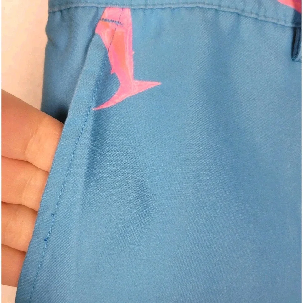 Native Blue Pink Shark Print Swim Trunks Mens M Board Shorts Zip Pocket Vacation